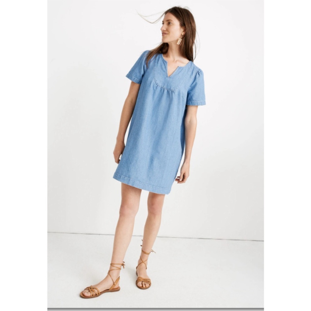 Madewell‎ Womens Medium Blue Linen Blend Short Sleeve Denim Popover Swing Dress